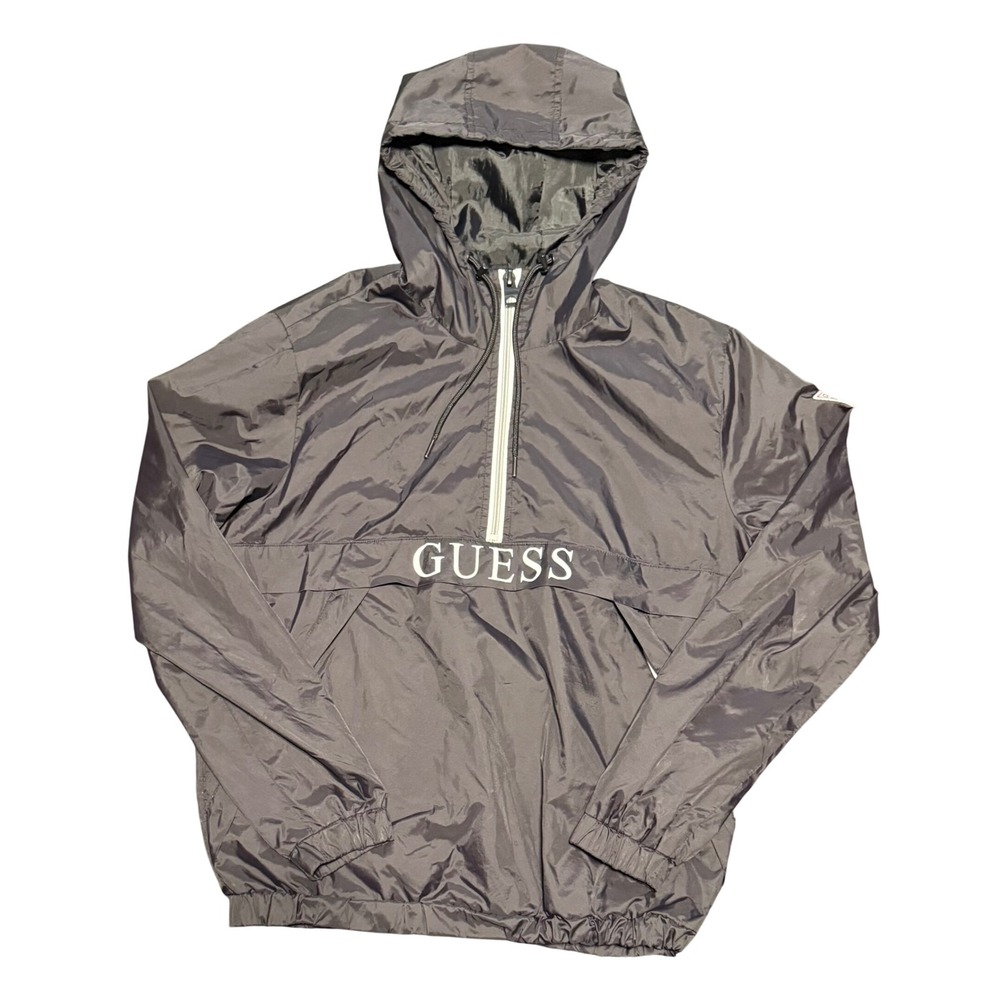 Guess Anorak Windbreaker Jacket Mens Medium Black Quarter Zip Hooded